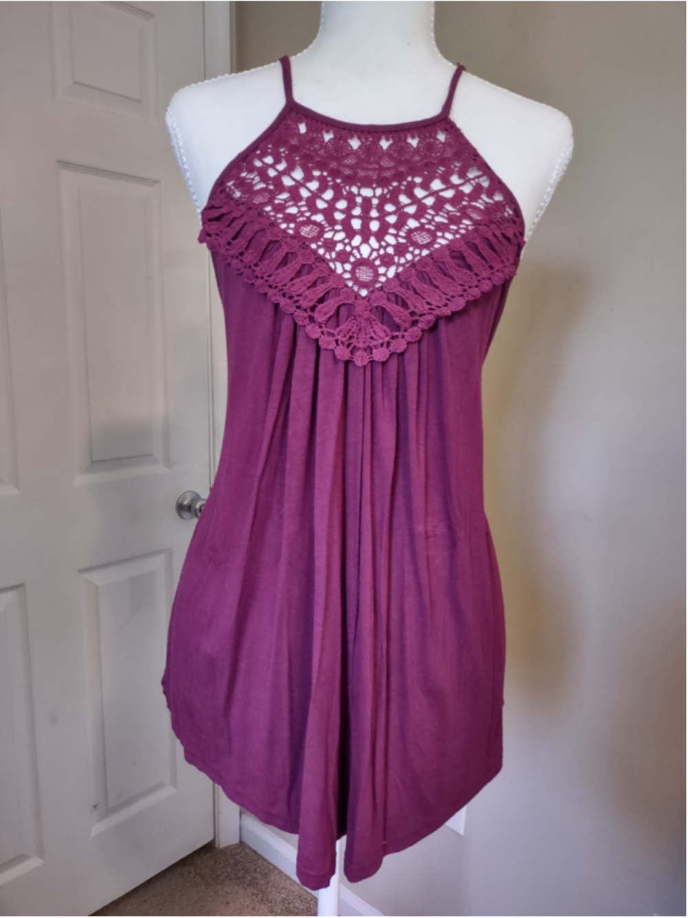 Bluetime Medium Burgundy Halter Crochet Boho Tank Women’s flowy Spaghetti Strap